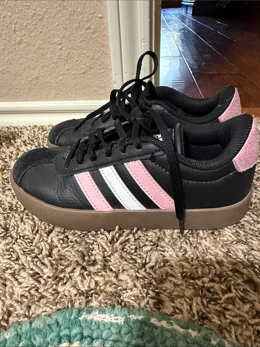 Kids Adidas Black Sneakers with Pink & White Stripes